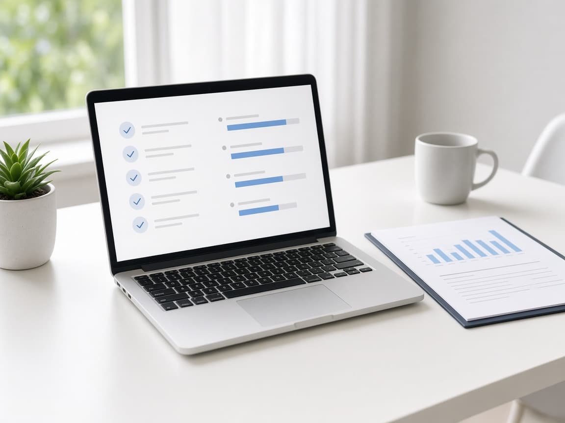 A laptop and notes set out for a website review