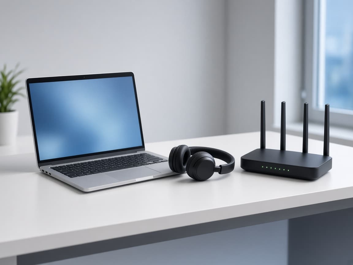 A laptop, headset, and small office network kit