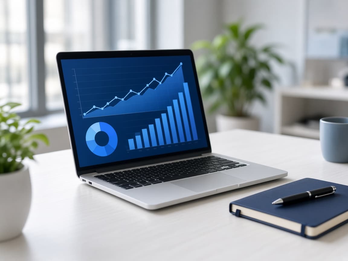 A laptop showing blue charts used to review search performance