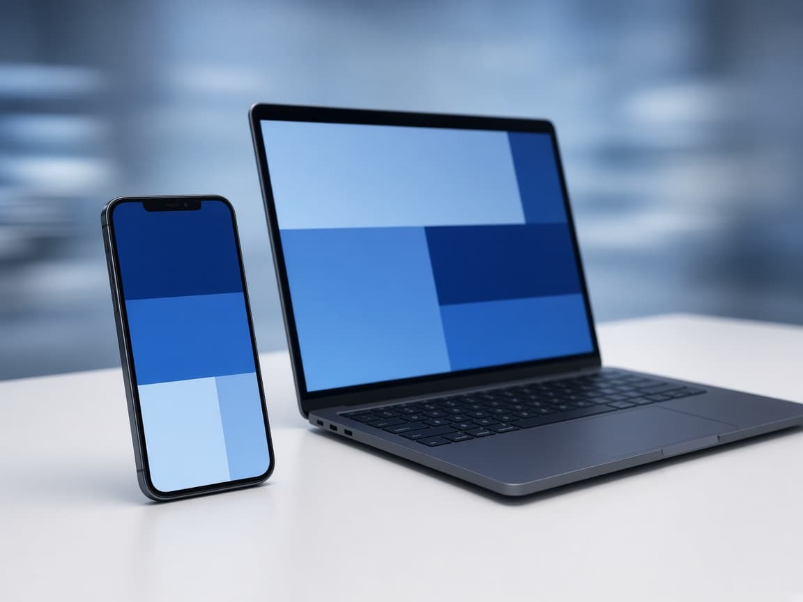 A phone and laptop with a simple blue interface