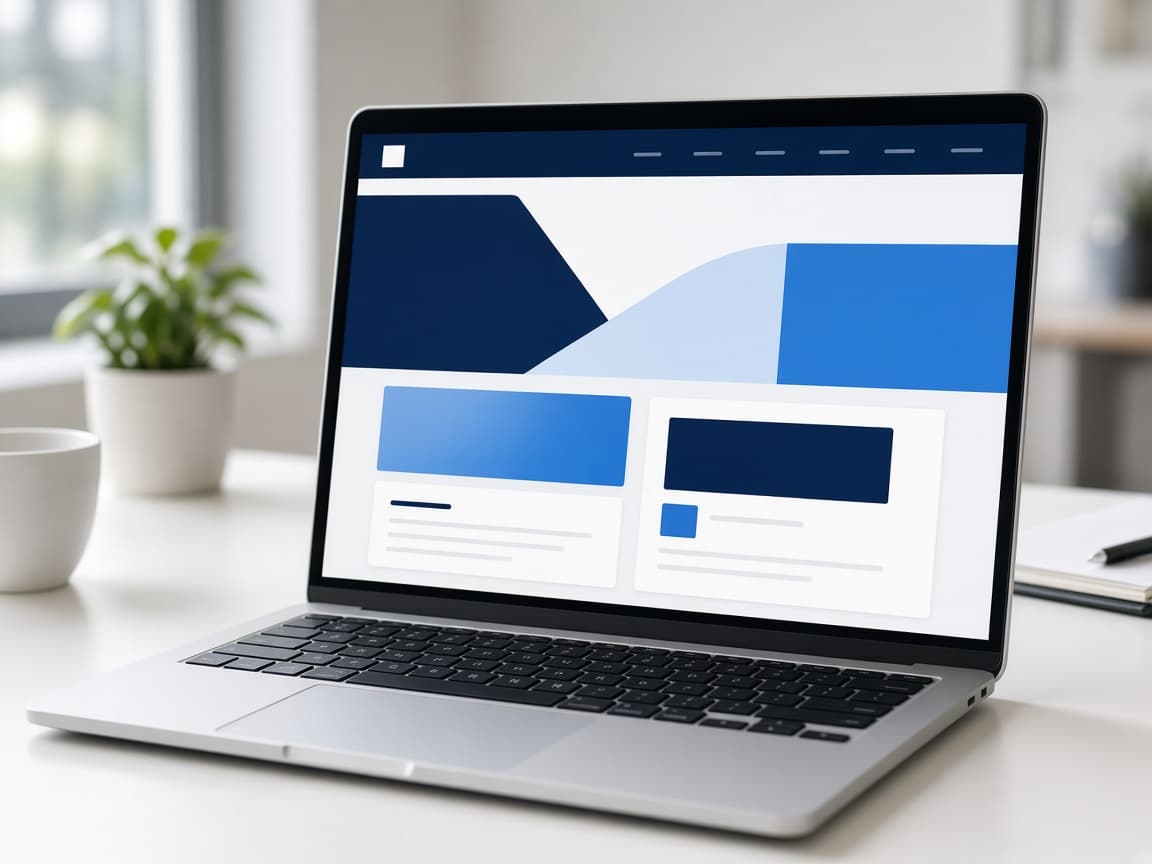 A laptop showing a clean website layout on a white desk